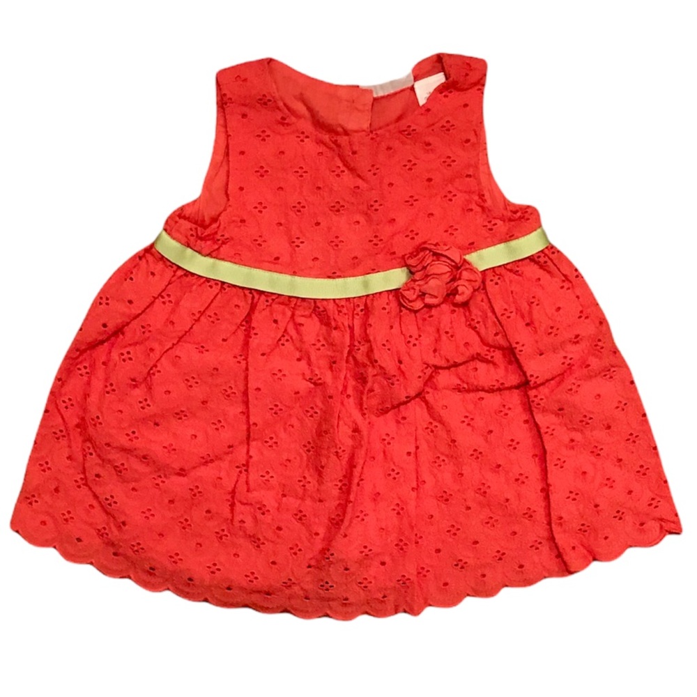 First Impressions Pink eyelet dress with lime green ribbon and pink bow, 18M
